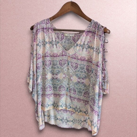Lavender Brown NWOT XS Boho Kaftan V-Neck Blouse Sleeve Cutouts Purple Teal - Picture 2 of 6